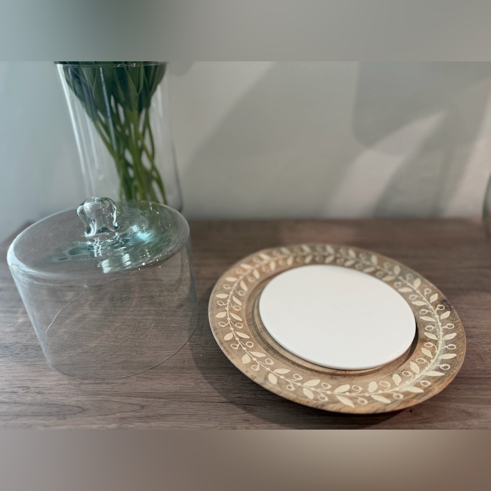 One of a Kind Glass Cloche Serving Tray with Wooden Base and Ceramic Plate - Picture 3 of 8